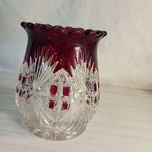 Antique Majestic Ruby Stained EAPG Solid Glass Vase Mc Kee Double Fan Candlehold